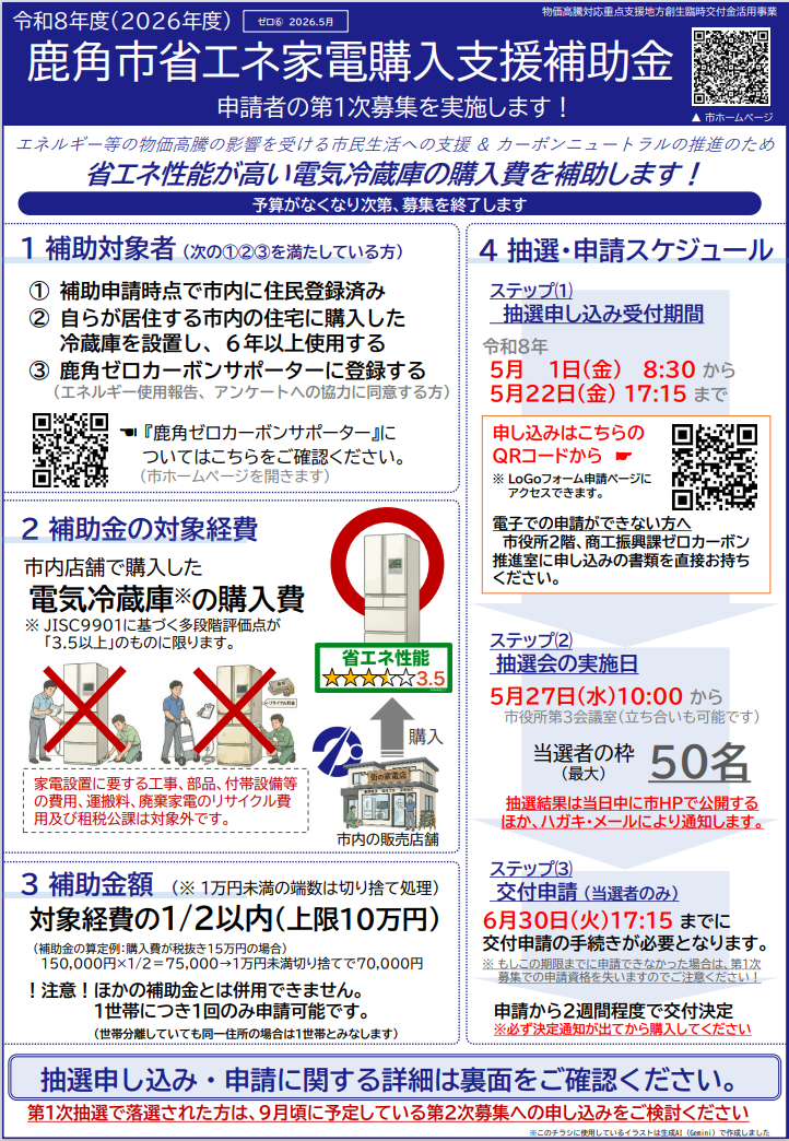 申請募集チラシ（R8省エネ家電購入支援補助金）
